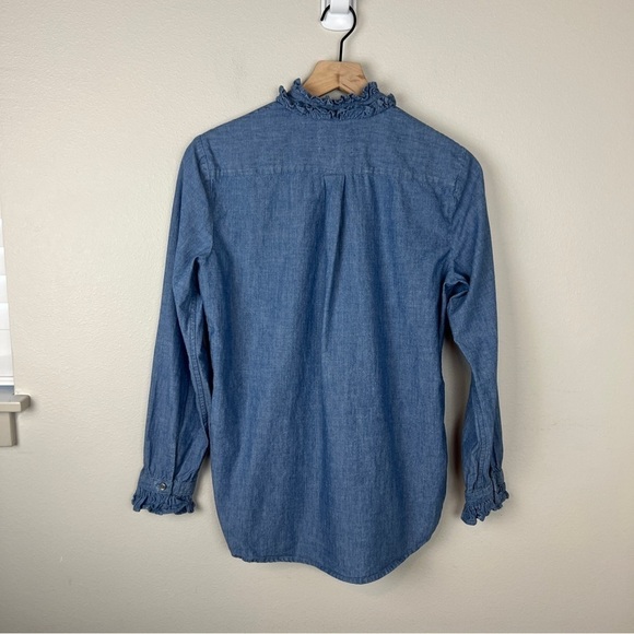 J Crew Classic Fit Chambray Ruffle Neck Shirt - Picture 3 of 6